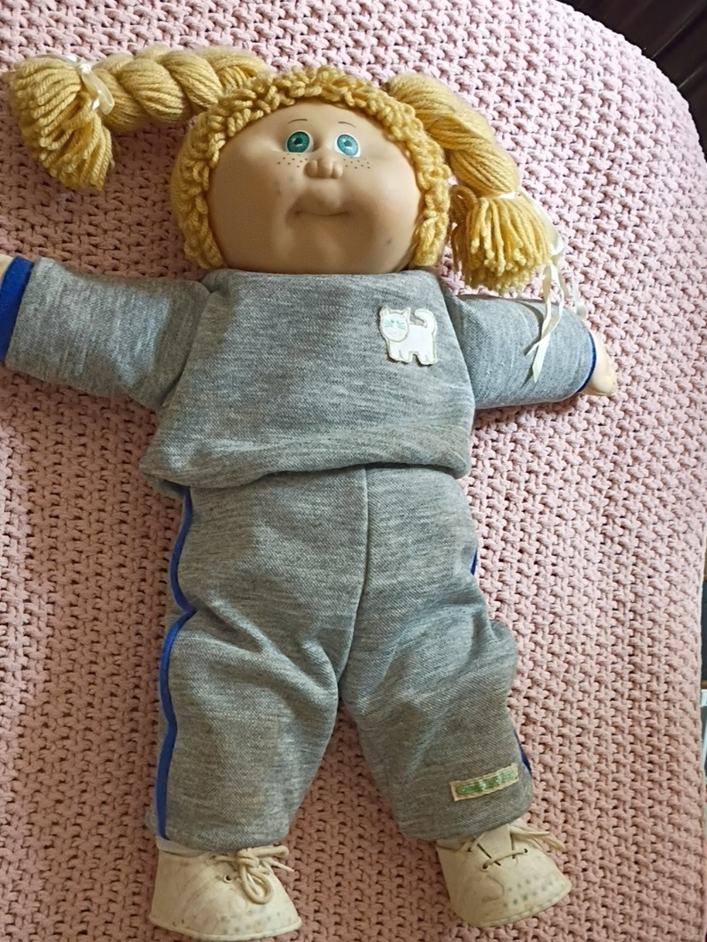 Vintage Original 1984 Cabbage Patch Kids Doll with Yellow Hair in Gray Outfit